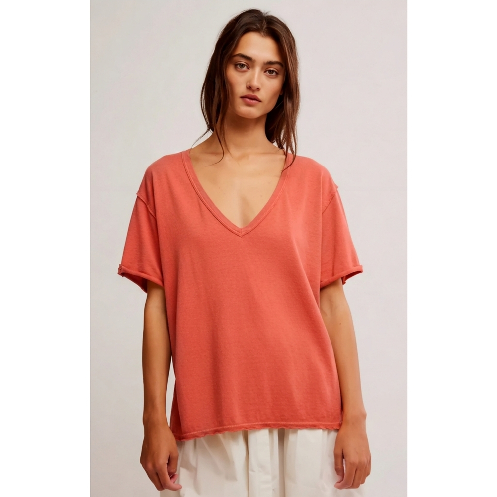 Free People Oversized Coral V Neck Tee Top, L - Picture 11 of 11